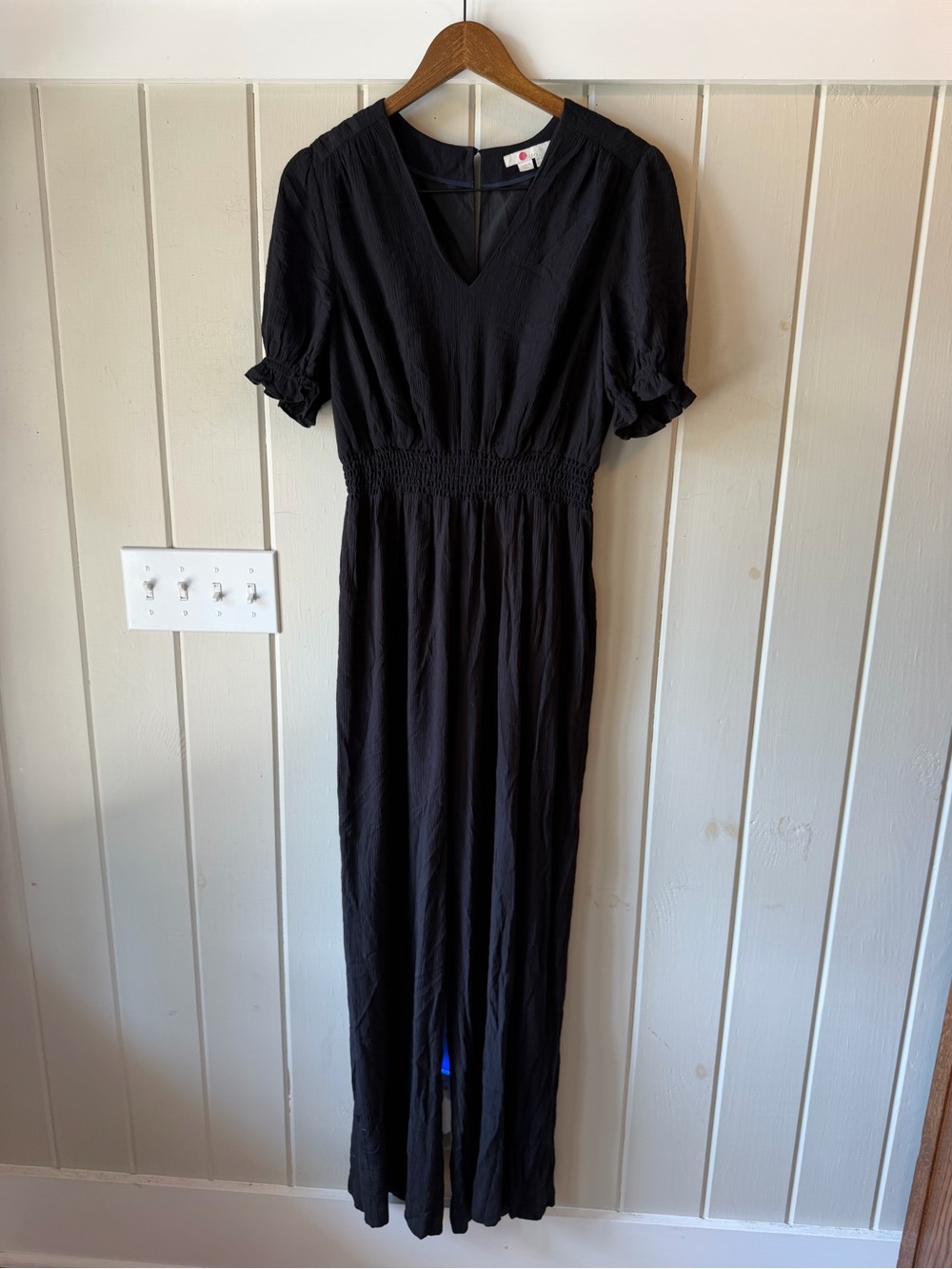 Boden Black Short Puff Sleeve Smocked-Waist Black Jumpsuit, Size 10